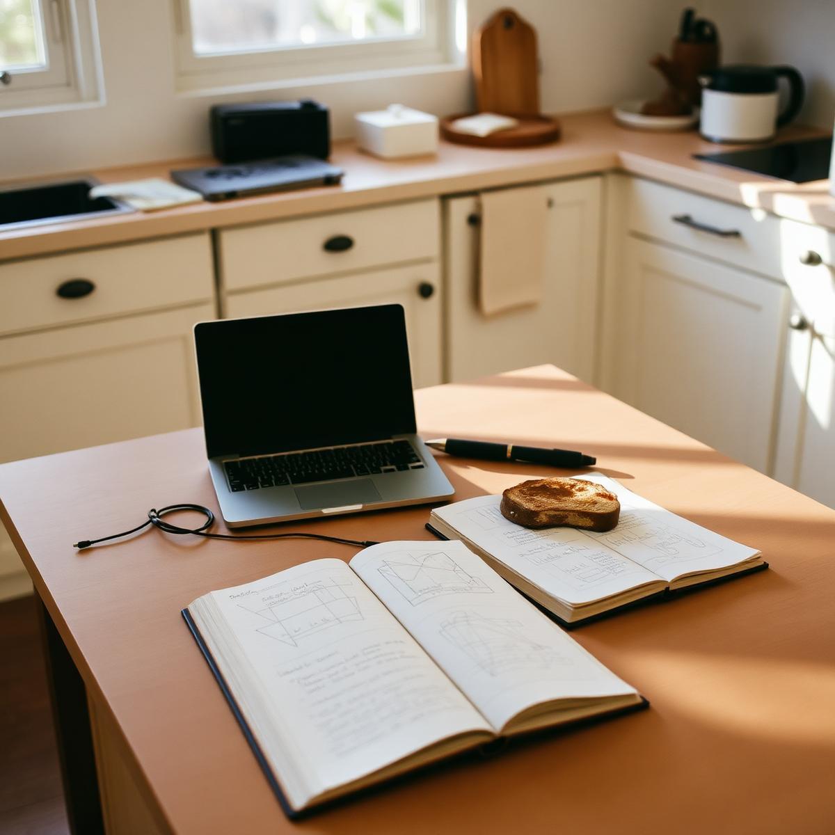 A kitchen island with a laptop, an open notebook with hand-drawn diagrams, and a piece of toast in soft morning light
