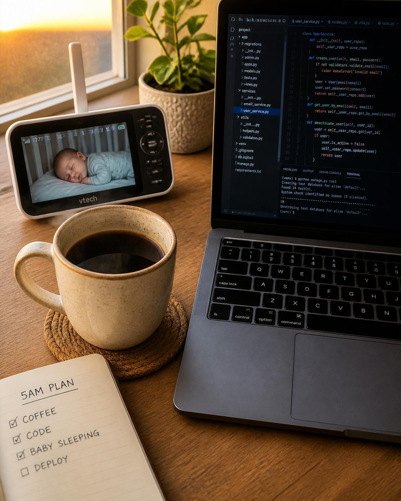 A ceramic mug, a baby monitor showing a sleeping infant, and a laptop with code on the screen in warm dawn light